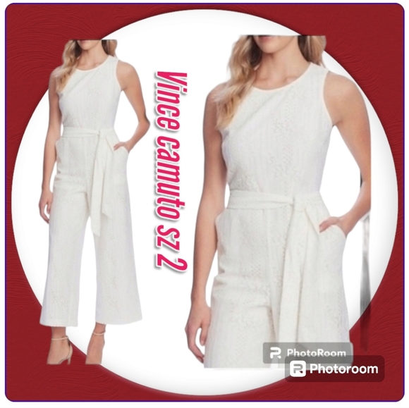 Vince Camuto Stripe Lace Beleted White Wide Leg Jumpsuit - Picture 1 of 12